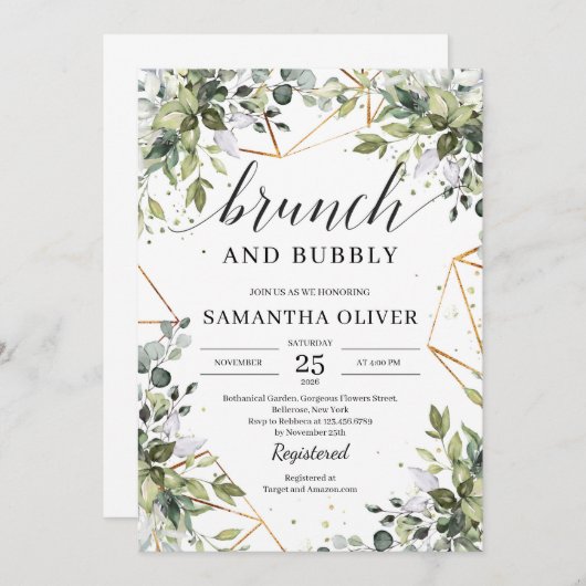 Greenery boho eucalyptus Blätter Brunch und Bubbly Einladung (Vorne/Hinten)