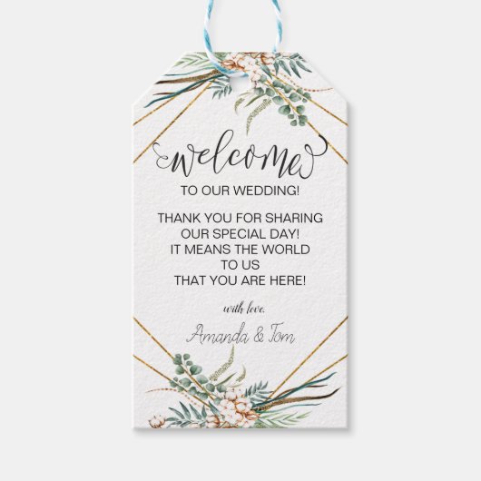 Greenery Boho Glitzer Frame Script Wedding Willkom Geschenkanhänger (Vorderseite)