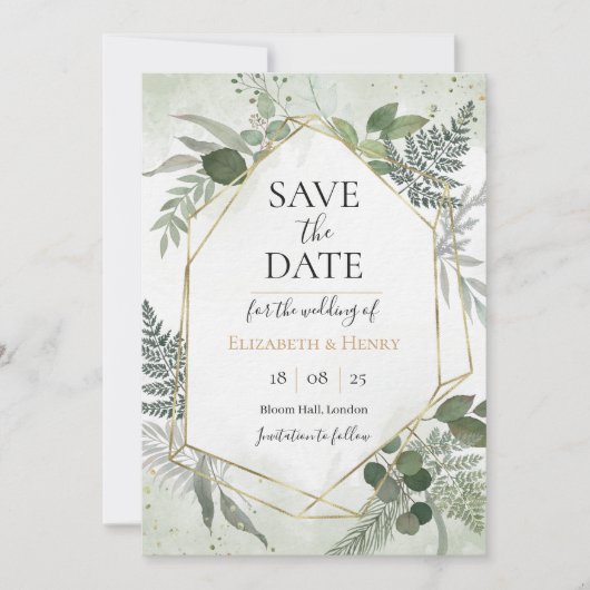 Greenery boho gold geometric watercolour save date einladung (Vorderseite)