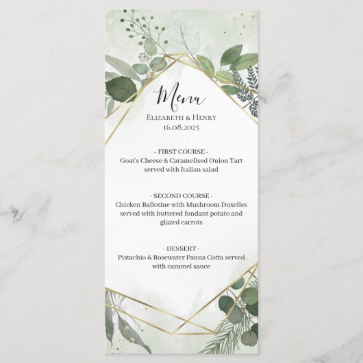 Greenery boho gold geometric watercolour wedding menükarte (Vorderseite)