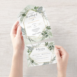 Greenery boho gold watercolour geometric wedding All-in-One-Einladung