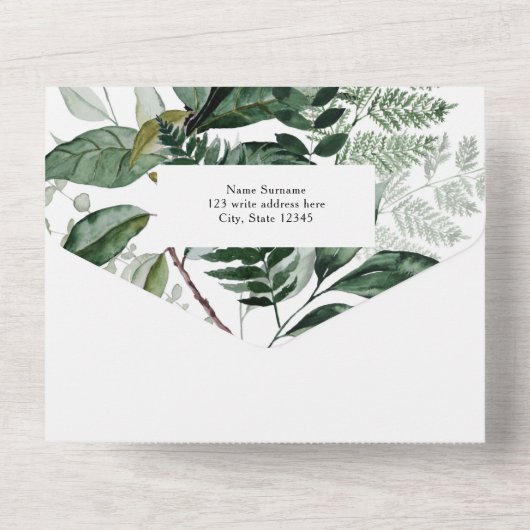 Greenery Boho Modern Arch, Garden Wedding All In One Einladung (Rückseite)