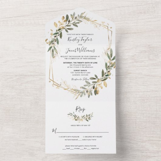 Greenery Boho Sage und Gold Geometric Wedding All In One Einladung (Innen Boden)