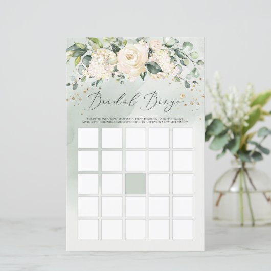 Greenery Boho White Roses Floral Bingo Game (Stehend Vorderseite)