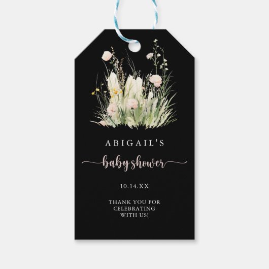 Greenery Boho Wildblume Black Baby Shower Geschenkanhänger (Vorderseite)