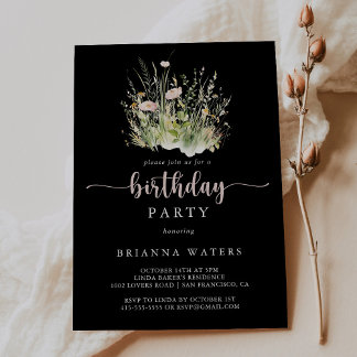 Greenery Boho Wildblume Black Birthday Party Einladung