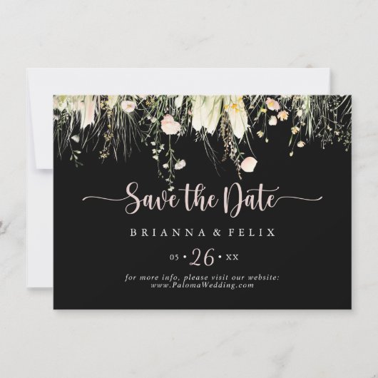Greenery Boho Wildblume Black Horizontal Wedding Save The Date (Vorderseite)