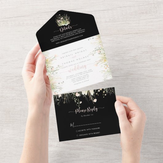 Greenery Boho Wildblume Black Wedding All In One Einladung (Abreißen)