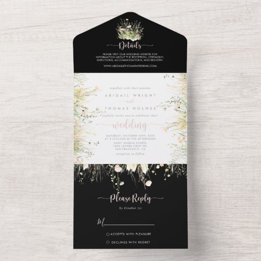 Greenery Boho Wildblume Black Wedding All In One Einladung (Innen Boden)