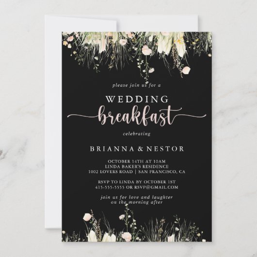Greenery Boho Wildblume Black Wedding Breakfast Einladung (Vorderseite)