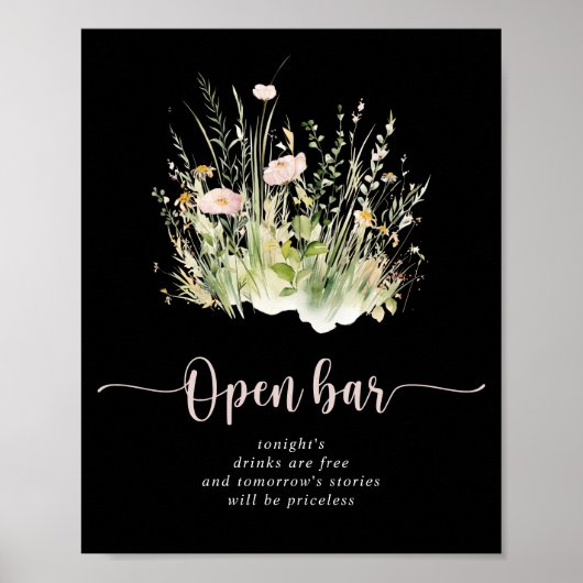 Greenery Boho Wildblume Black Wedding Open Bar Poster (Vorne)