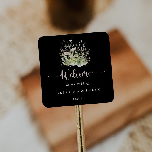 Greenery Boho Wildblume Black Wedding Willkommen Quadratischer Aufkleber