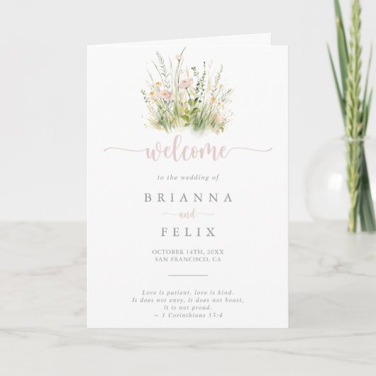 Greenery Boho Wildblume Folded Wedding Programm (Vorderseite)