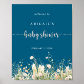 Greenery Boho Wildblume Navy Babydusche Begrüßung Poster (Vorne)