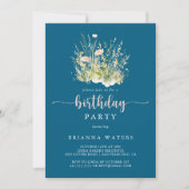 Greenery Boho Wildblume Navy Geburtstagsparty Einladung (Vorderseite)