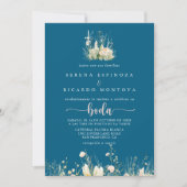 Greenery Boho Wildblume Navy Hochzeit Einladung (Vorderseite)