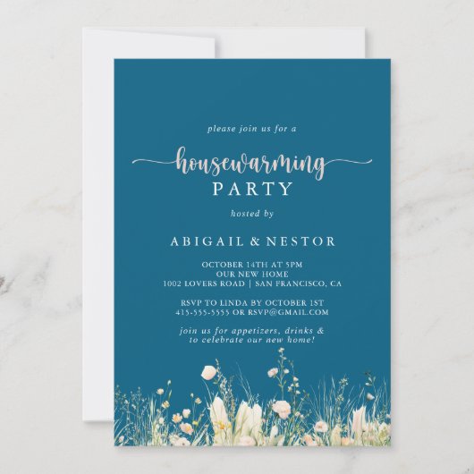 Greenery Boho Wildblume Navy Housewarming Party Einladung (Vorderseite)