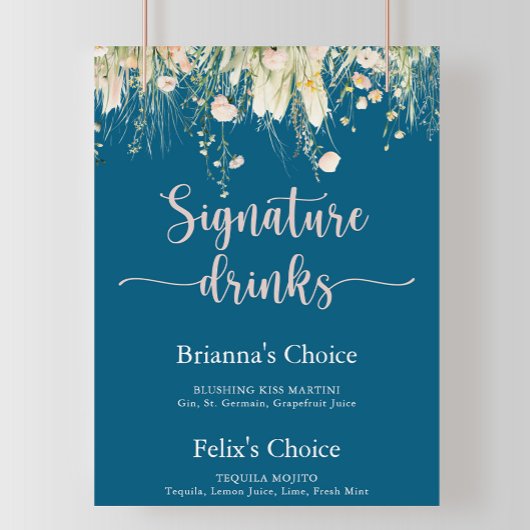 Greenery Boho Wildblume Navy Signature Drinks Poster