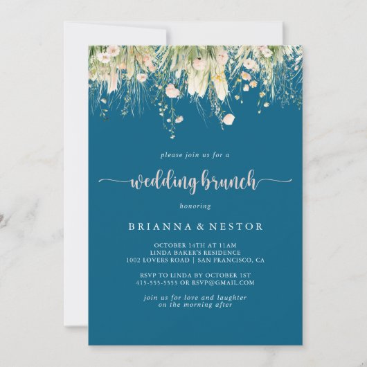 Greenery Boho Wildblume Navy Wedding Brunch Einladung (Vorderseite)