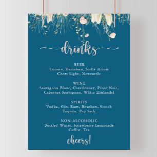 Greenery Boho Wildblume Navy Wedding Drinks Menü Poster