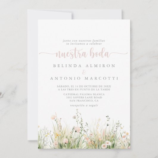 Greenery Boho Wildblume Nuestra Boda Wedding Einladung (Vorderseite)
