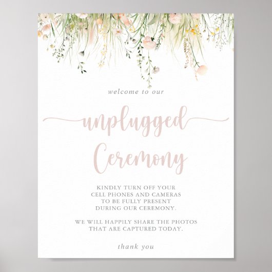 Greenery Boho Wildblume Unplugged Ceremony Sign Poster (Vorne)