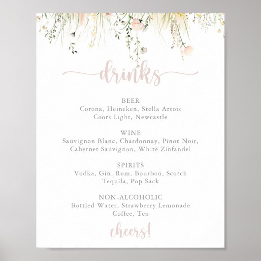 Greenery Boho Wildblume Wedding Drinks Menü Zeiche Poster (Vorne)