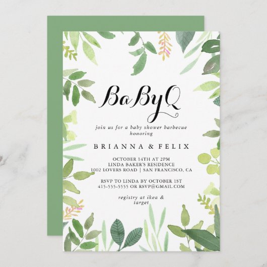 Greenery Botanical BabyQ Baby Duschgrill Einladung (Vorne/Hinten)