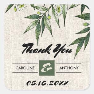 Greenery Botanical Burlap Wedding Vielen Dank Quadratischer Aufkleber