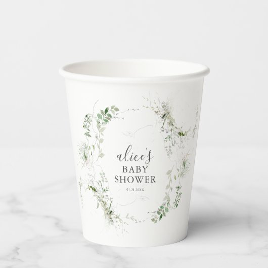 Greenery Botanical Script Baby Shower Pappbecher (Rückseite)