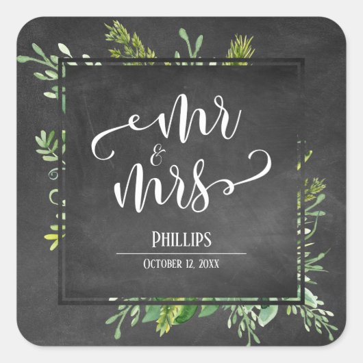 Greenery Bouquet Mr & Mrs Typografy Chalkboard Quadratischer Aufkleber (Vorderseite)