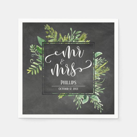 Greenery Bouquet Mr & Mrs Typografy Chalkboard Serviette (Vorderseite)