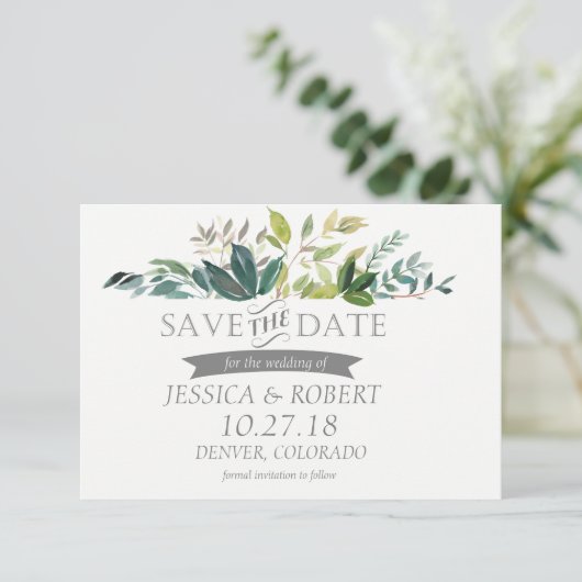 Greenery Bouquet Save the Date Card (Stehend Vorderseite)