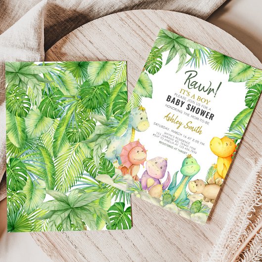 Greenery Boy Dinosaur Babydusche Einladung