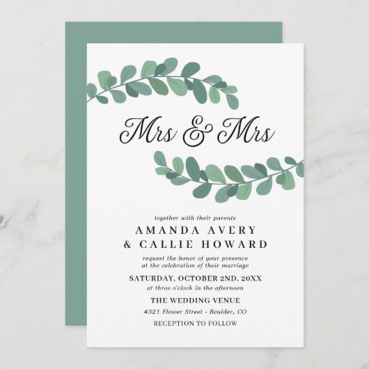 Greenery Branches Mrs. & Mrs. Wedding Einladung (Vorne/Hinten)