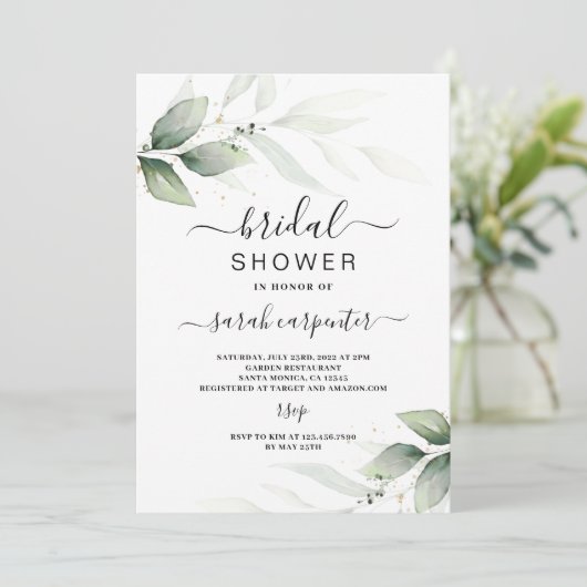 Greenery Bridal Duwer Einladung (Stehend Vorderseite)