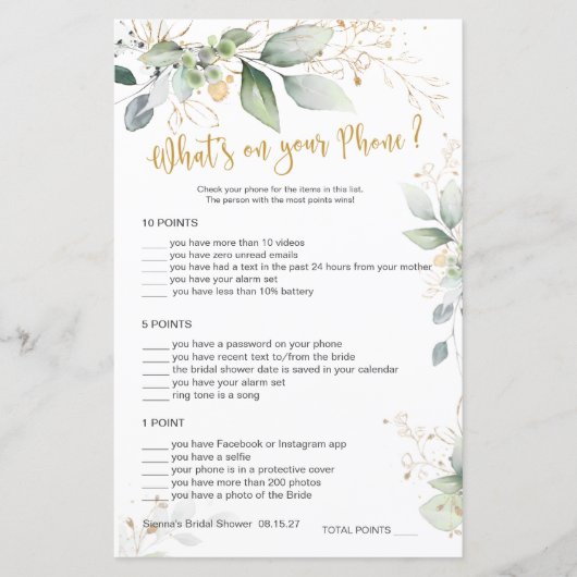 Greenery Bridal Game Was ist auf deinem Handy? (Vorderseite)