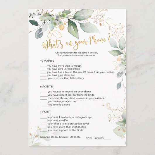 Greenery Bridal Game Was ist auf Ihrer Telefonkart Hinweiskarte (Vorderseite)