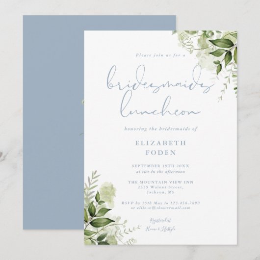 Greenery Bridesmaids Luncheon Dusty Blue Einladung (Vorne/Hinten)