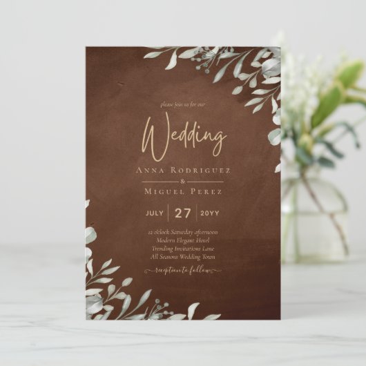 Greenery Brown Wedding Fall Winter Einladung (Stehend Vorderseite)