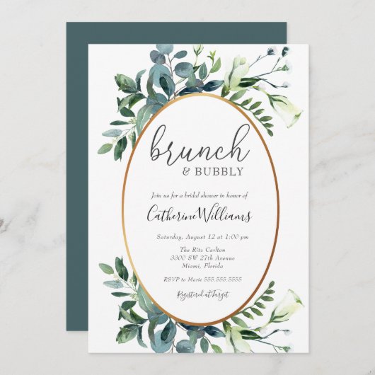 Greenery Brunch und Bubbly Brautparty Einladung (Vorne/Hinten)