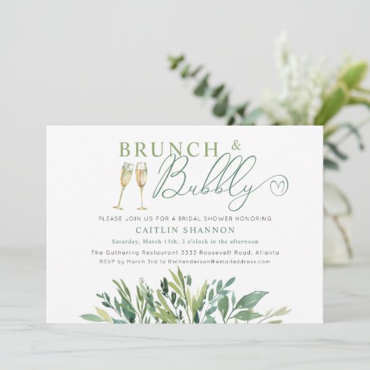 Greenery Brunch und Bubbly Brautparty Einladung (Stehend Vorderseite)