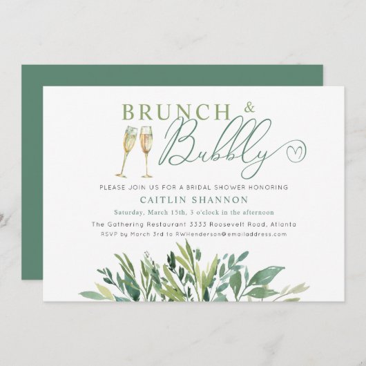 Greenery Brunch und Bubbly Brautparty Einladung (Vorne/Hinten)