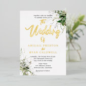 Greenery Brush Calligraphy Wedding Folieneinladung (Stehend vorne)