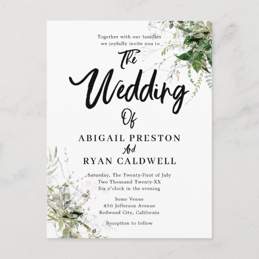 Greenery Brush Calligraphy Wedding Postkarte (Vorderseite)