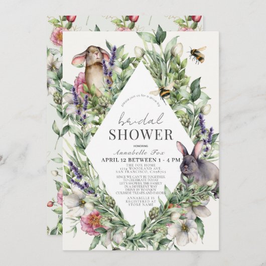 Greenery Bunnies Drive-by Spring Brautparty Einladung (Vorne/Hinten)