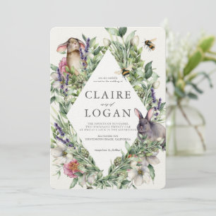 Greenery Bunnies Spring Floral Rhombus Wedding Einladung