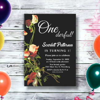 Greenery Burgundy Rose Black Floral 1. Geburtstag Einladung