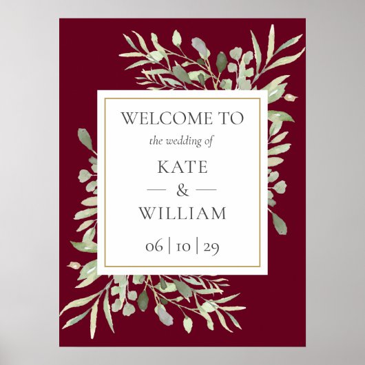 Greenery Burgundy Wedding Willkommenszeichen Poster (Vorne)