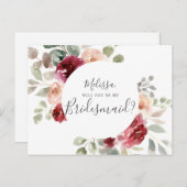 Greenery Burgundy wird meine Bridesmaid sein Einladungspostkarte (Vorne/Hinten)